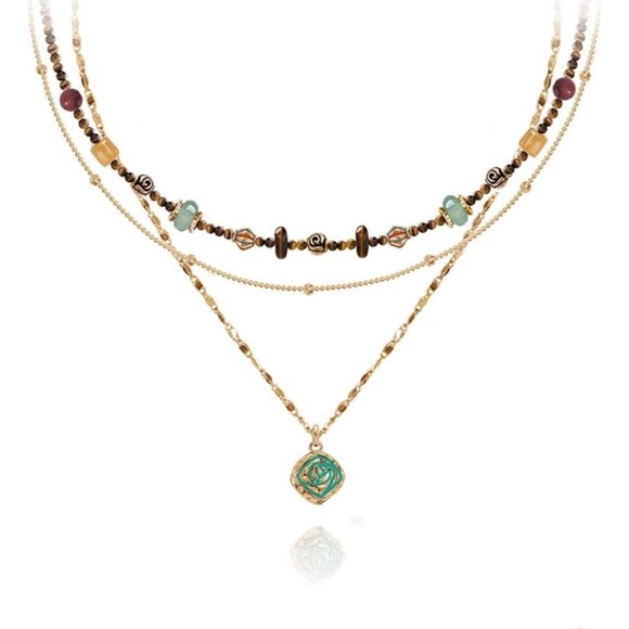 Boho layered multi-beaded necklace gold-plated women’s jewelry stylish long laye - Picture 1 of 6